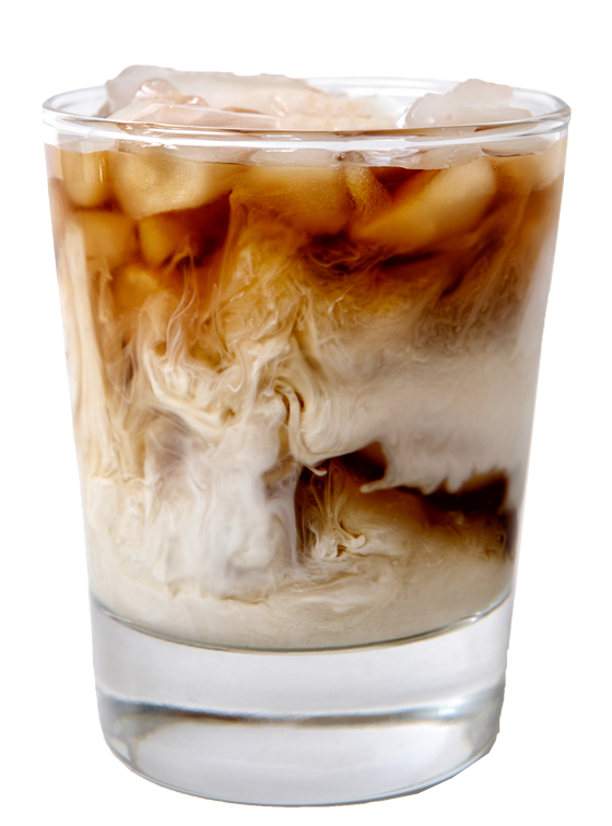 A glass filled with cold brew espresso and milk