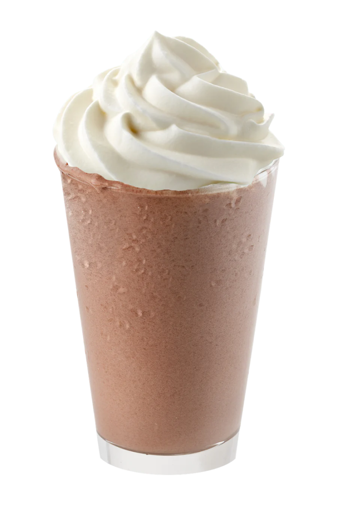 A delicious chocolate frozen coffee or frappe topped with fluffy whipped cream