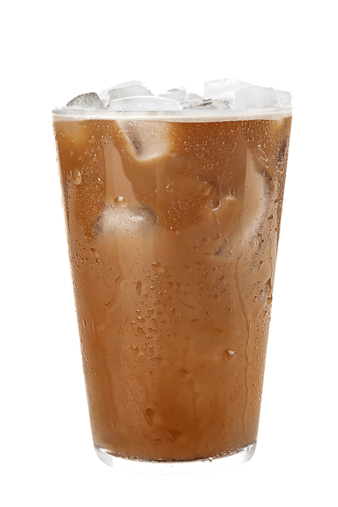 a tall glass with iced latte drink