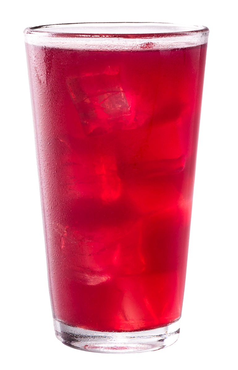 A refreshing red drink with ice cubes in it