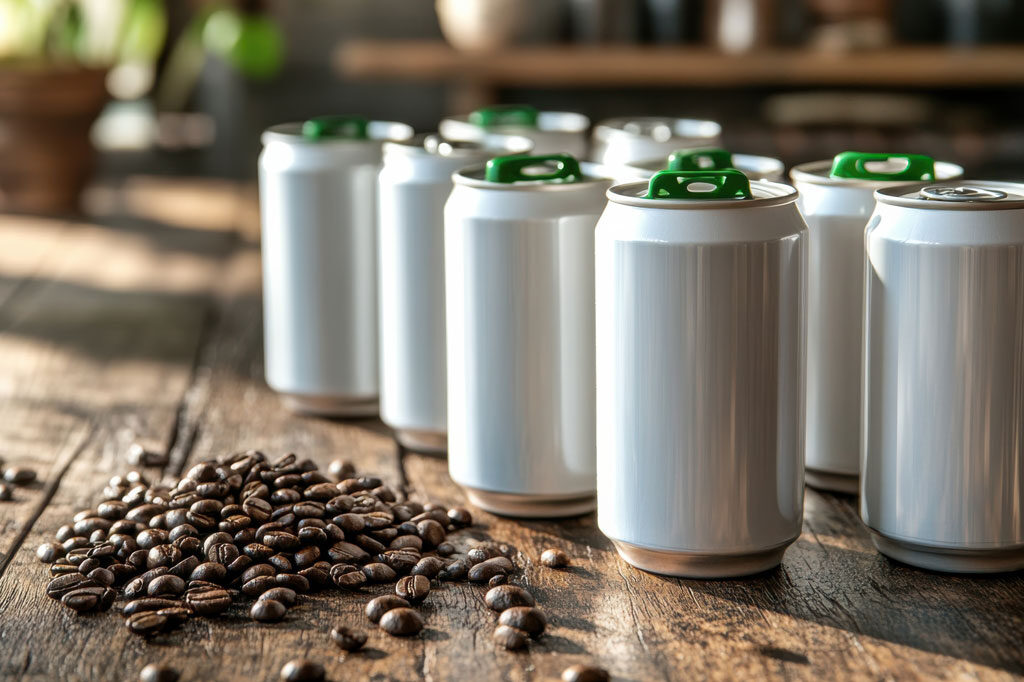 group of white beverage cans sitting on top of a wooden table